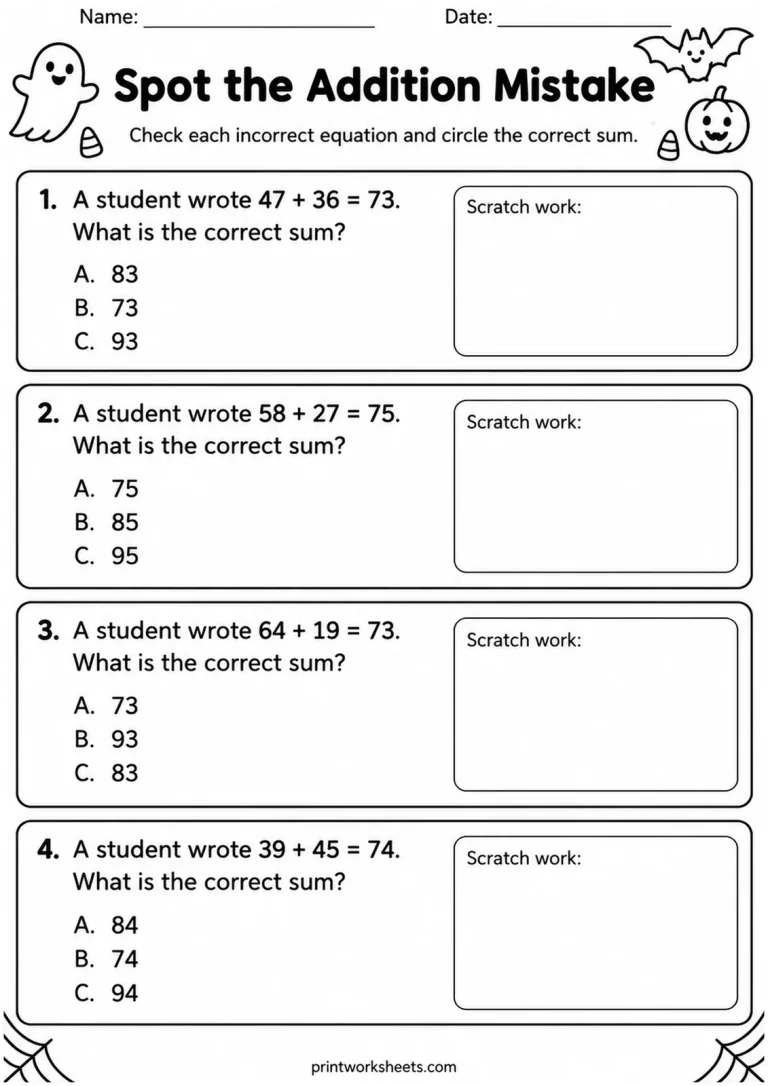 Spot the Addition Mistake printable worksheet