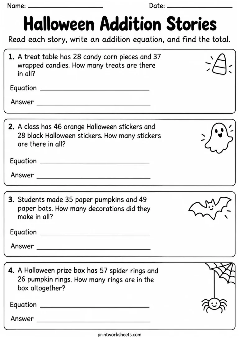 Halloween Addition Stories printable worksheet