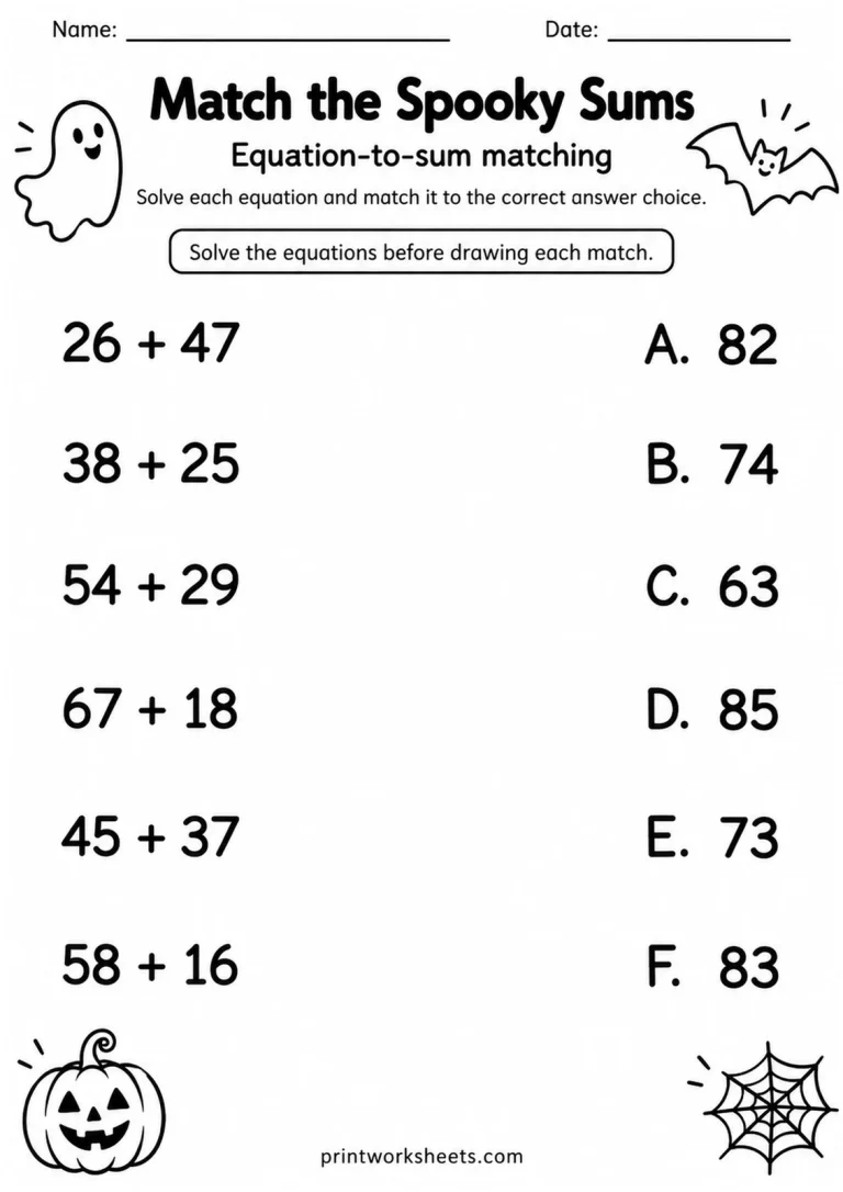 Match the Spooky Sums printable worksheet