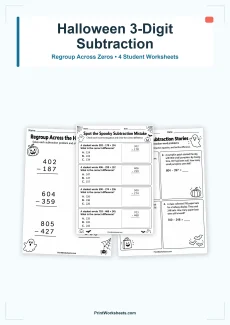 Subtraction Worksheets Worksheet - Halloween 3-Digit Subtraction Across Zeros Worksheets for 3rd Grade | Free Printable