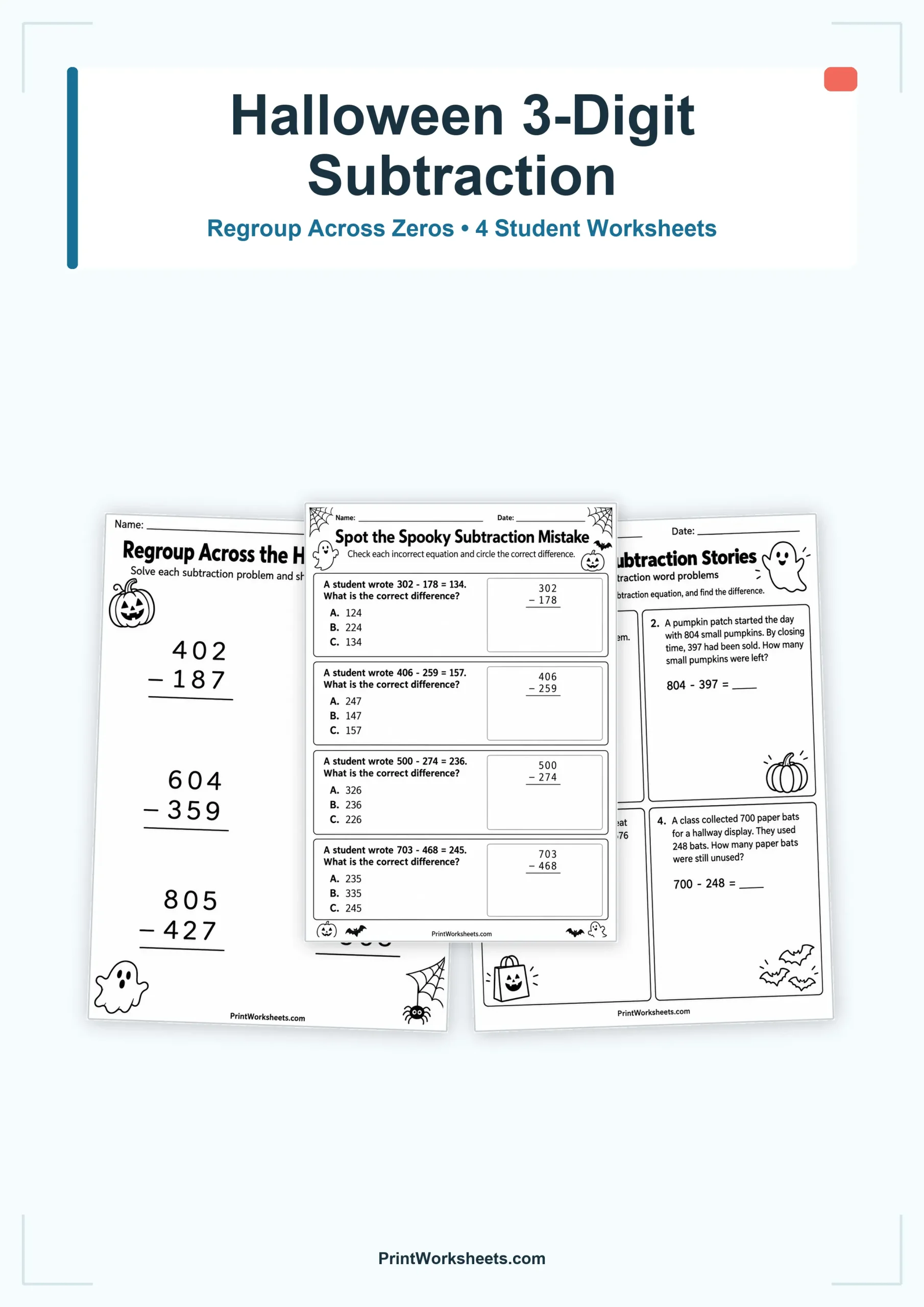 Subtraction Worksheets Worksheet - Halloween 3-Digit Subtraction Across Zeros Worksheets for 3rd Grade | Free Printable
