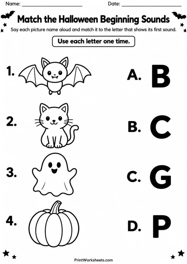 Match the Halloween Beginning Sounds printable worksheet