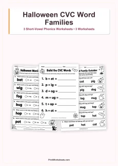 Halloween Worksheets Worksheet - Halloween CVC Word Families Worksheets for Kindergarten & 1st Grade | Free Printable