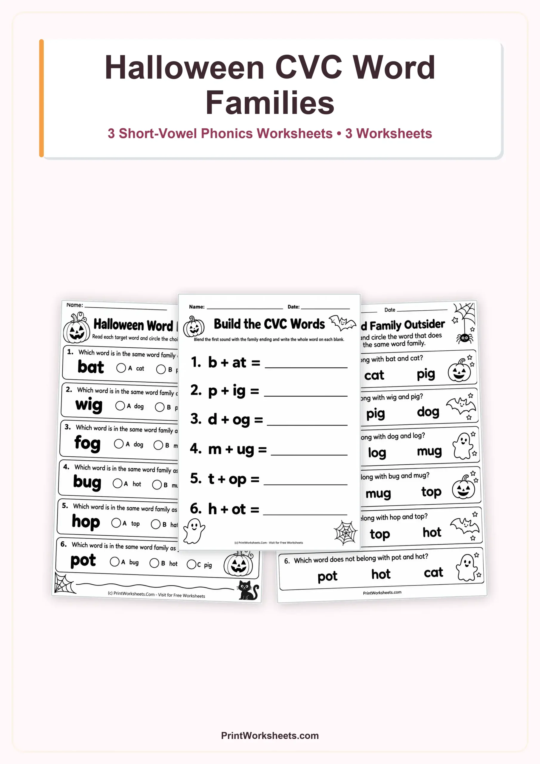 Halloween Worksheets Worksheet - Halloween CVC Word Families Worksheets for Kindergarten & 1st Grade | Free Printable