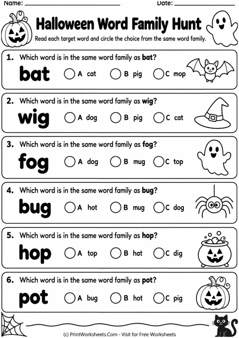 Halloween Word Family Hunt printable worksheet