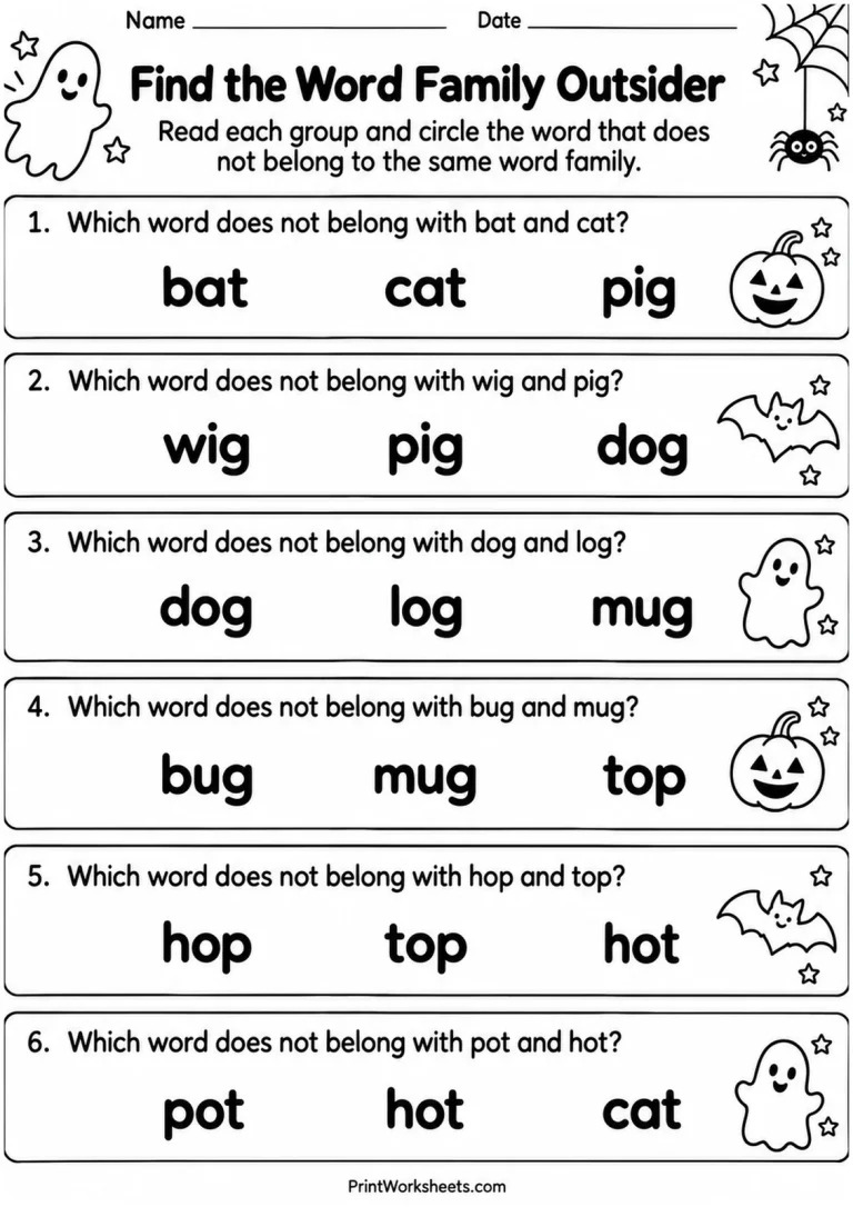 Find the Word Family Outsider printable worksheet