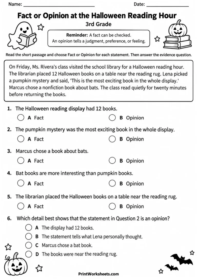 Fact or Opinion at the Halloween Reading Hour Fact or Opinion at the Halloween Reading Hour printable worksheet