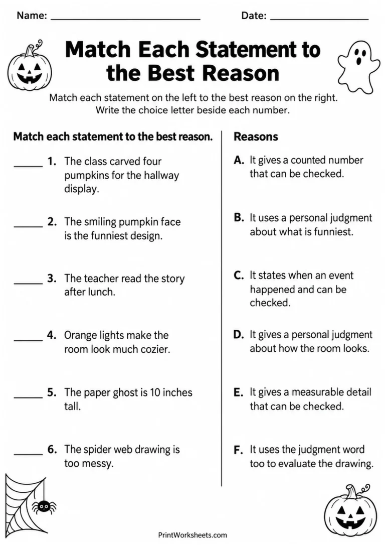 Match Each Statement to the Best Reason Match Each Statement to the Best Reason printable worksheet