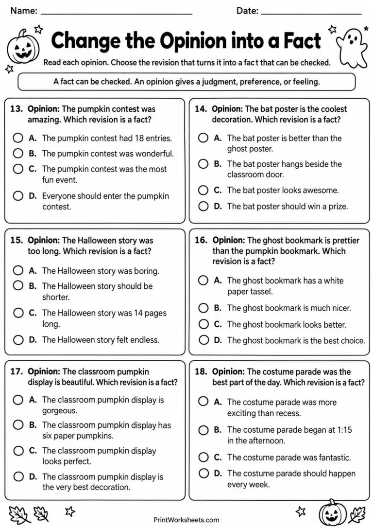 Change the Opinion into a Fact Change the Opinion into a Fact printable worksheet
