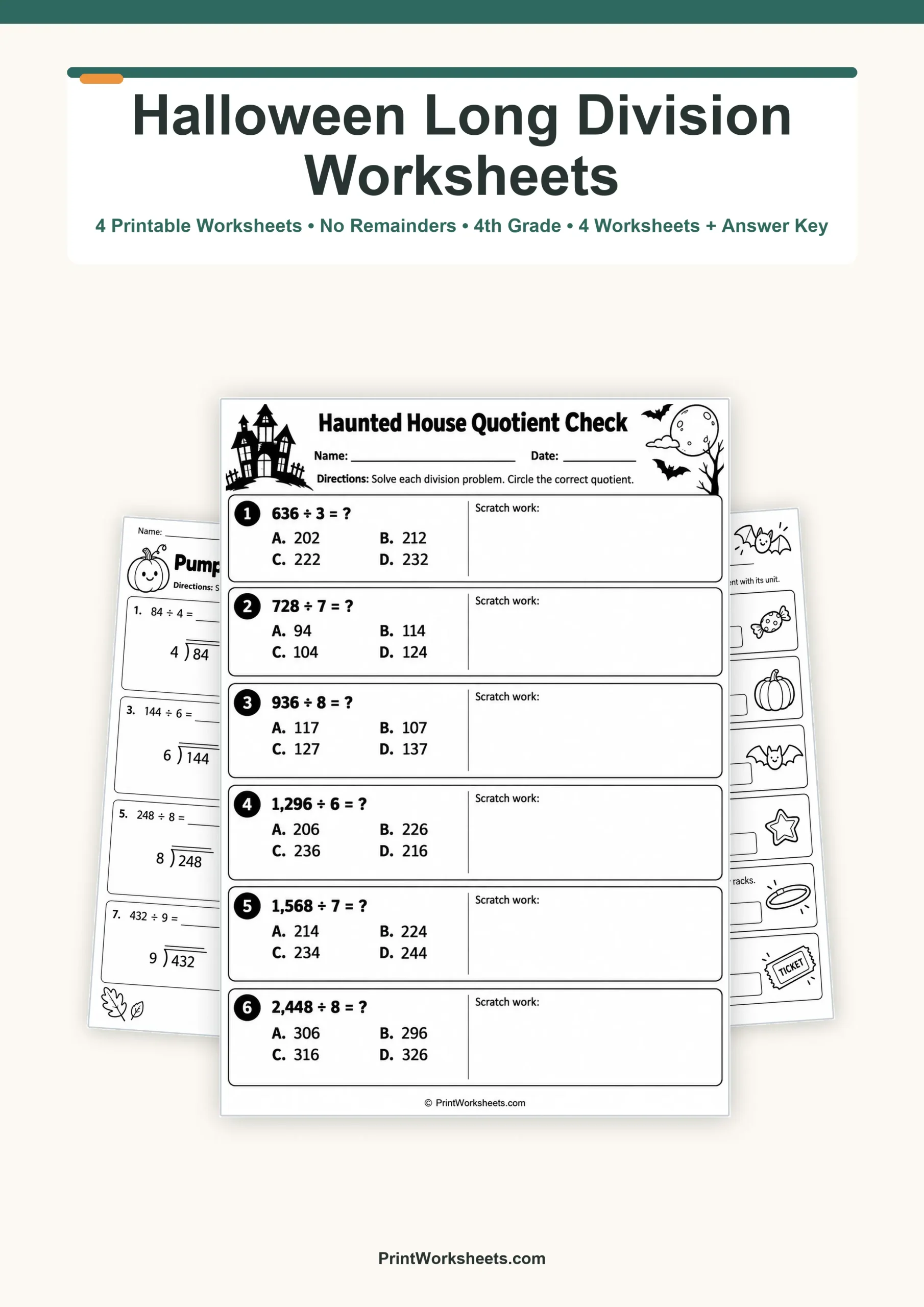 Halloween Worksheets Worksheet - Halloween Long Division Worksheets Without Remainders for 4th Grade | Free Printable