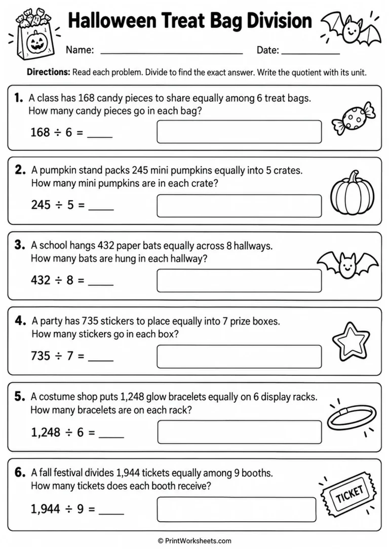 Halloween Treat Bag Division printable worksheet