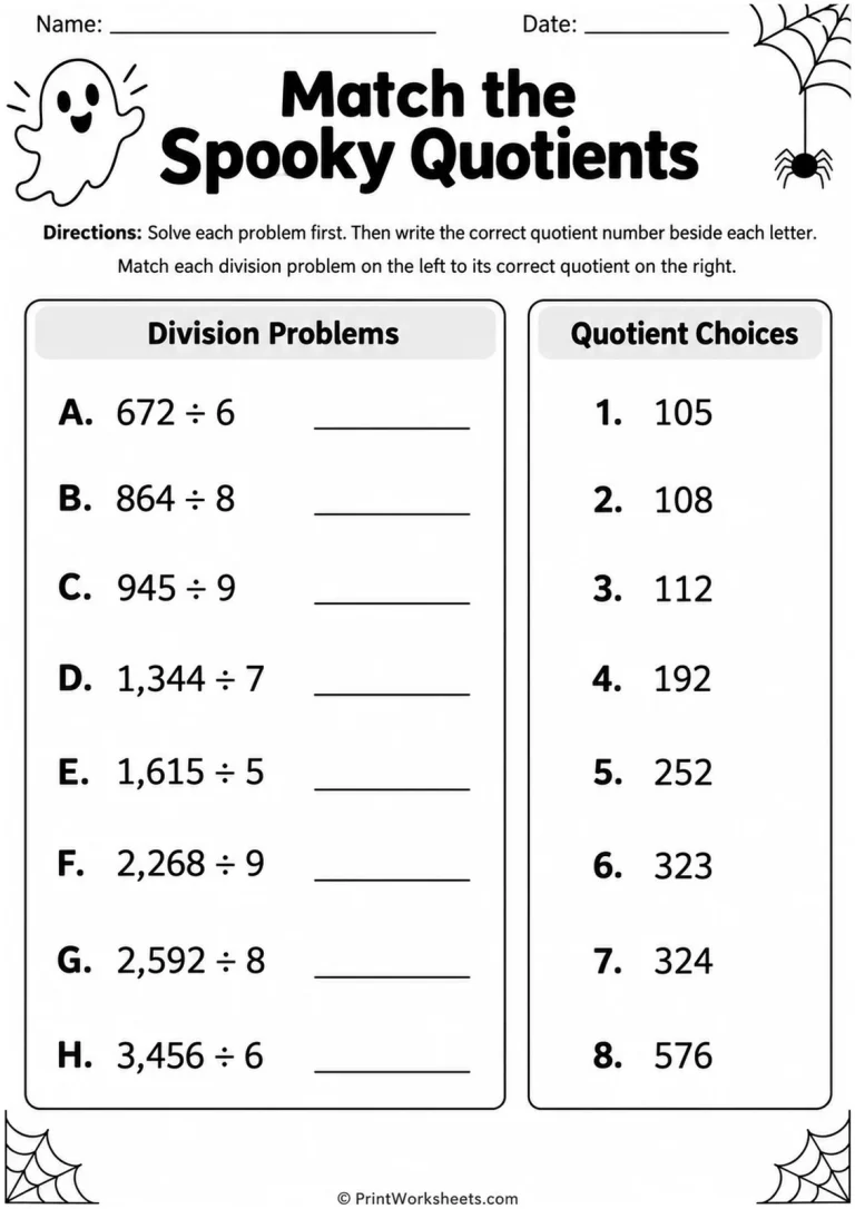 Match the Spooky Quotients printable worksheet