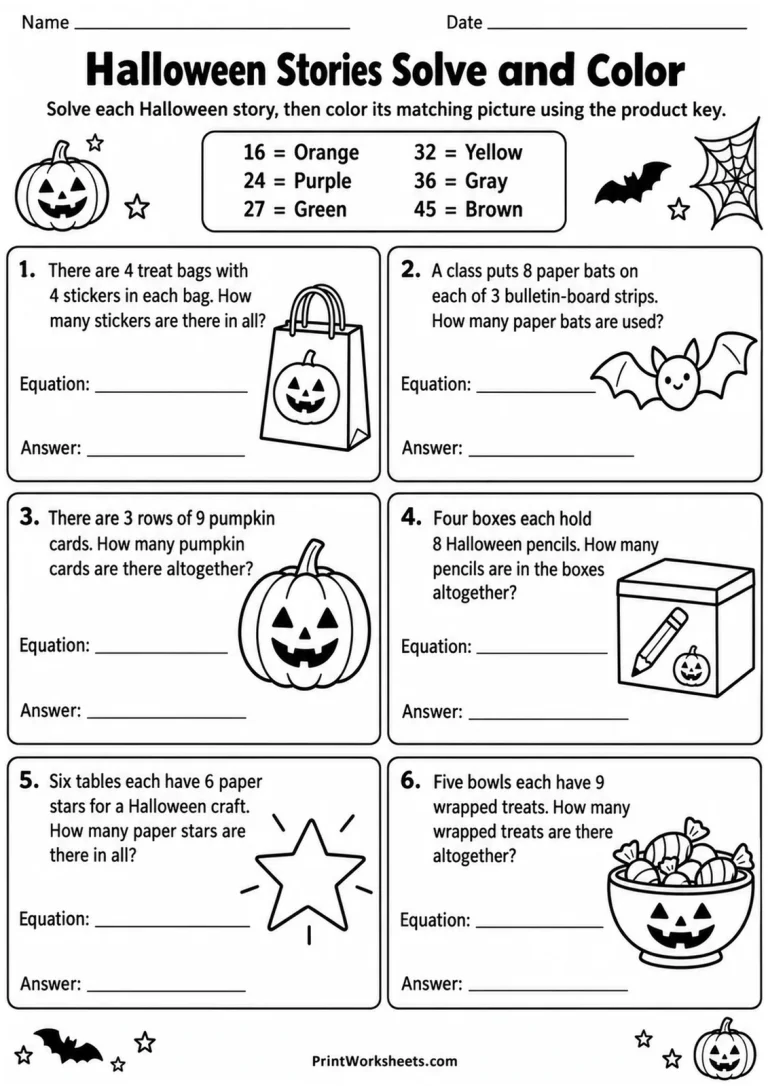 Halloween Stories Solve and Color printable worksheet