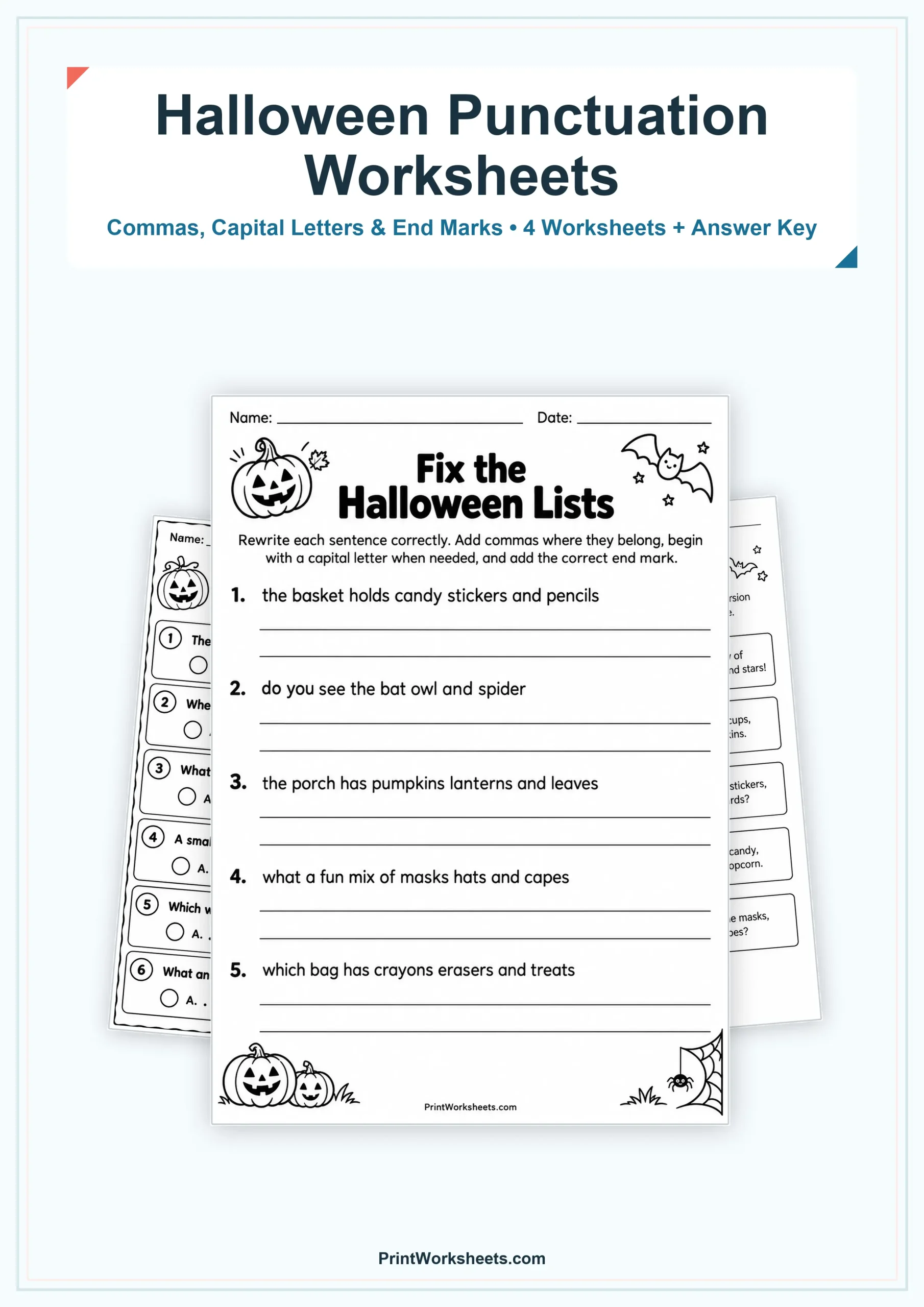 Halloween Worksheets Worksheet - Halloween Punctuation Worksheets with Commas and End Marks | Free Printable
