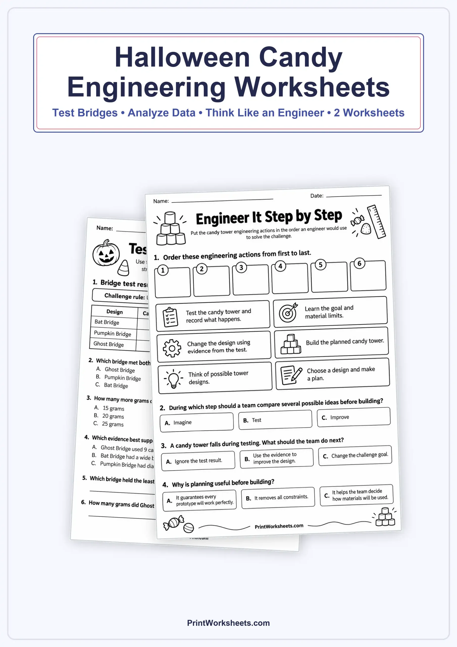 Halloween Worksheets Worksheet - Halloween STEM Candy Challenge Worksheets | Free Printable