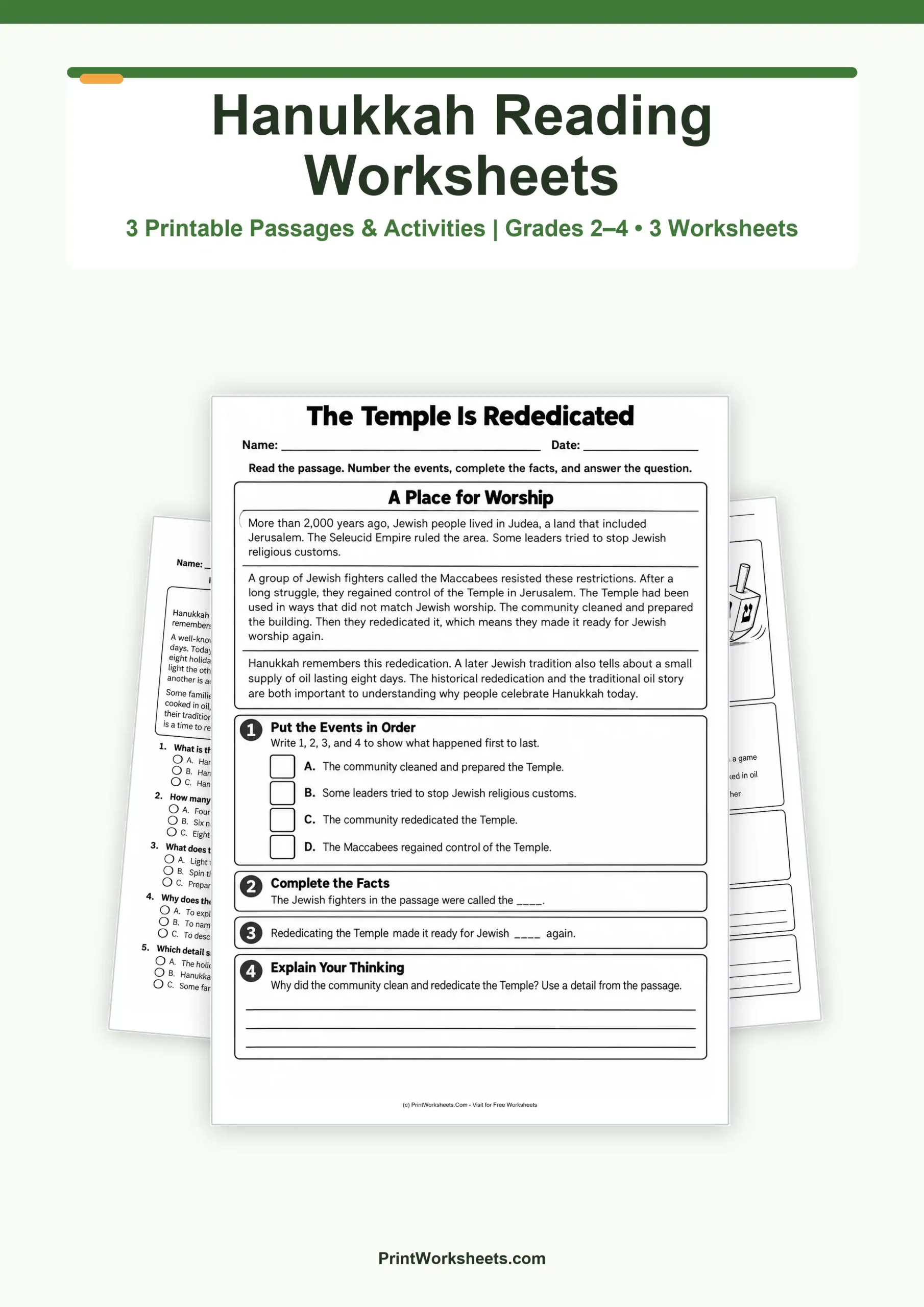 Hanukkah Reading Comprehension Worksheets – Free Printable PDF - Free Printable Worksheet