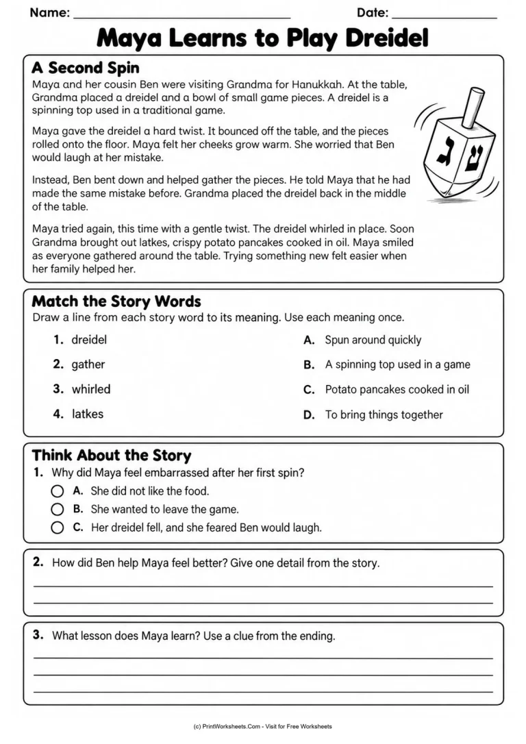 Maya Learns to Play Dreidel Maya Learns to Play Dreidel printable worksheet