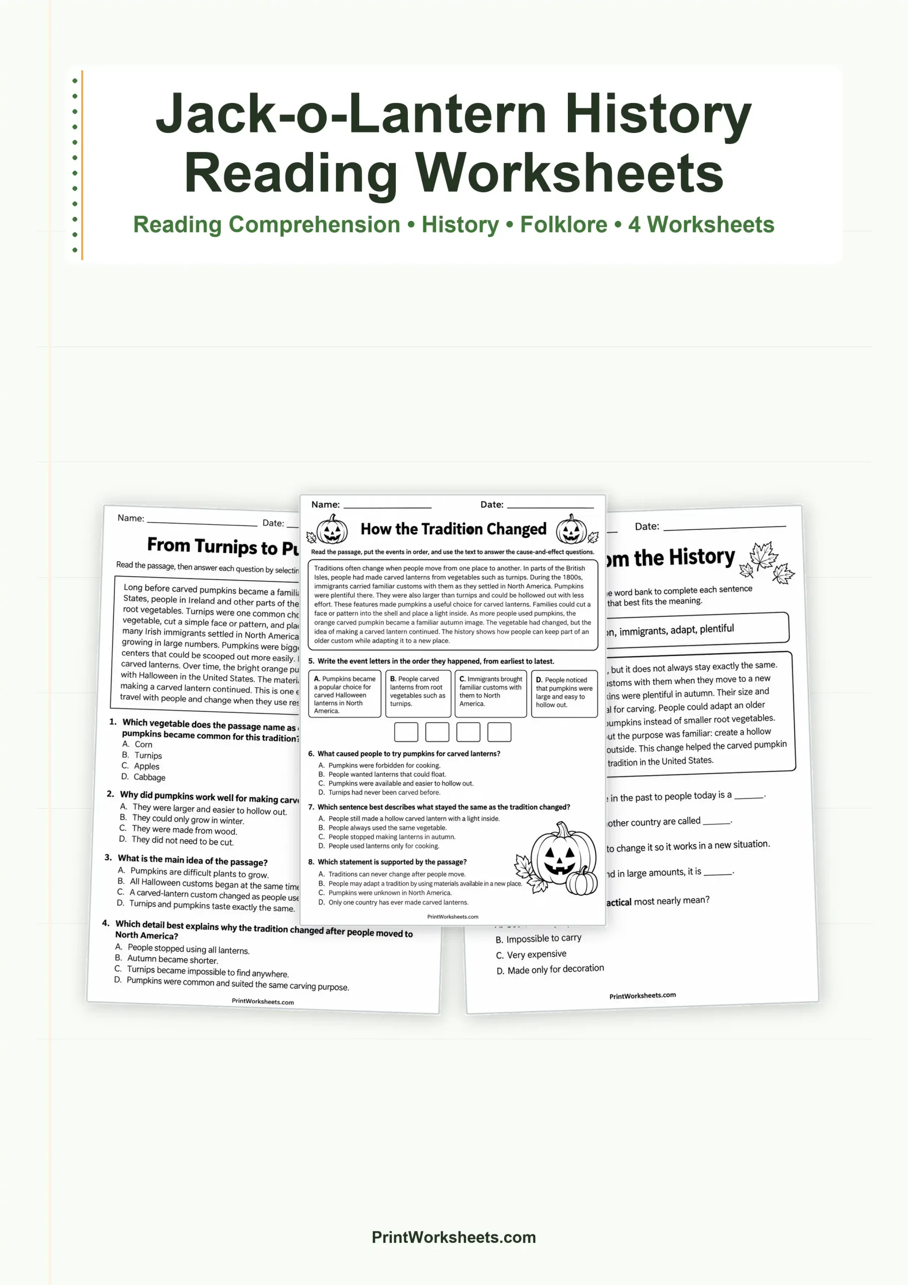 Halloween Worksheets Worksheet - History of Jack-o’-Lantern Reading Comprehension Worksheets | Free Printable
