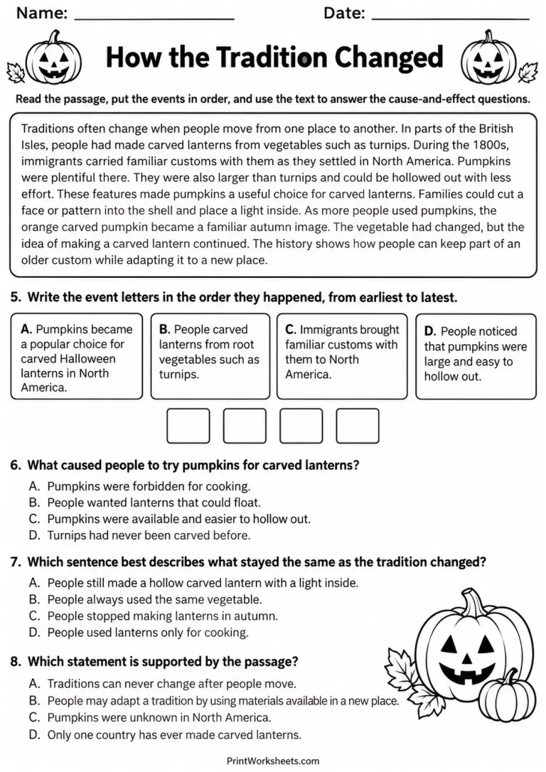 How the Tradition Changed printable worksheet