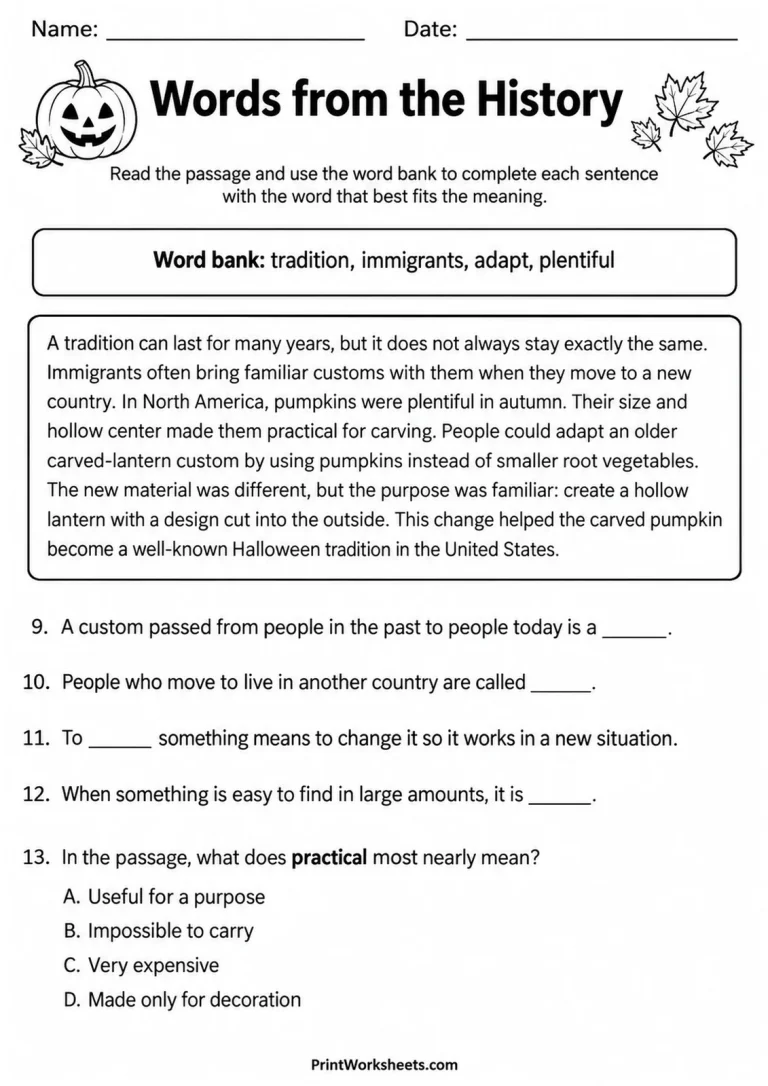 Words from the History printable worksheet
