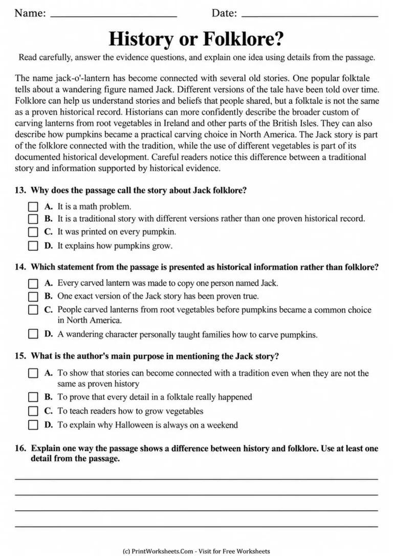 History or Folklore? printable worksheet