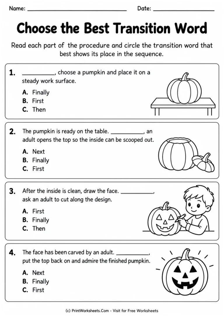 Choose the Best Transition Word printable worksheet