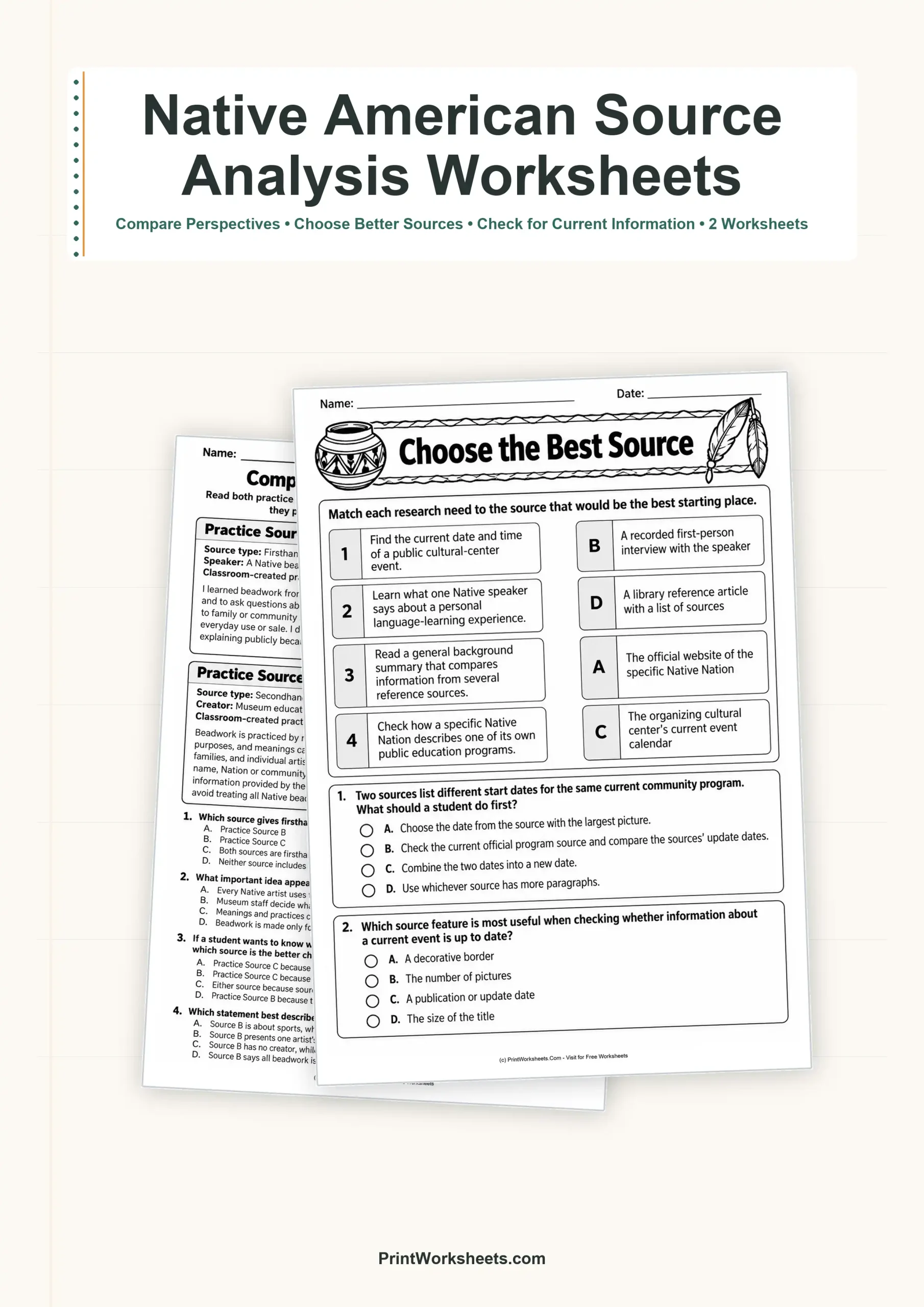Native American Heritage Month Source Analysis Worksheets – Free Printable PDF - Free Printable Worksheet