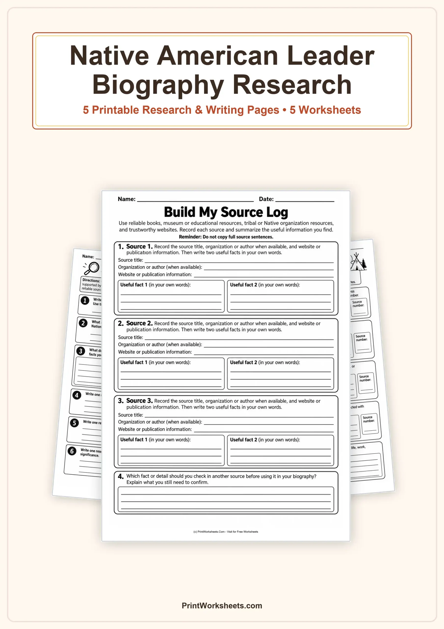 Native American Leaders Biography Research Organizer – Free Printable PDF - Free Printable Worksheet
