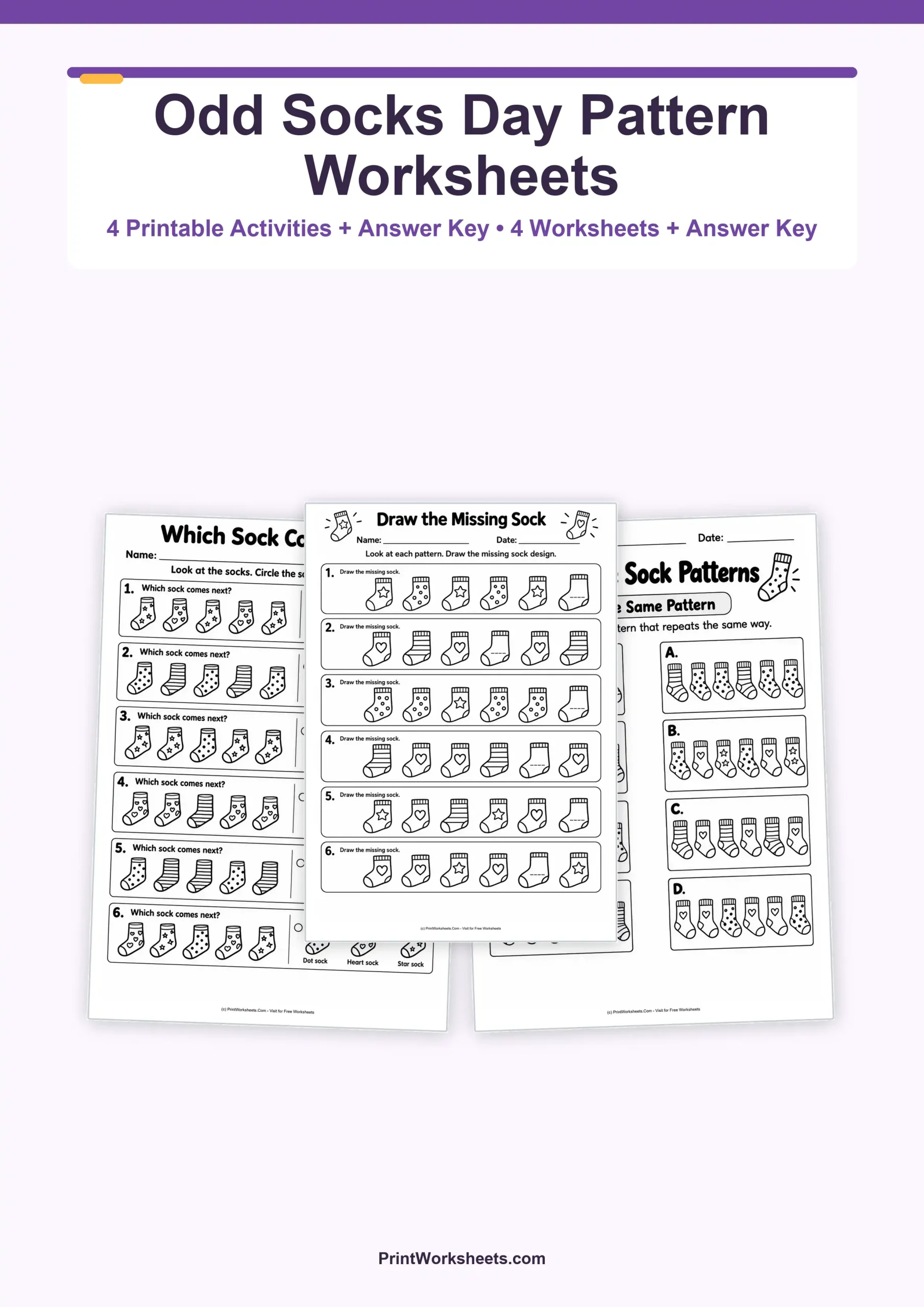 Odd Socks Day Pattern Worksheets – Free Printable PDF - Free Printable Worksheet