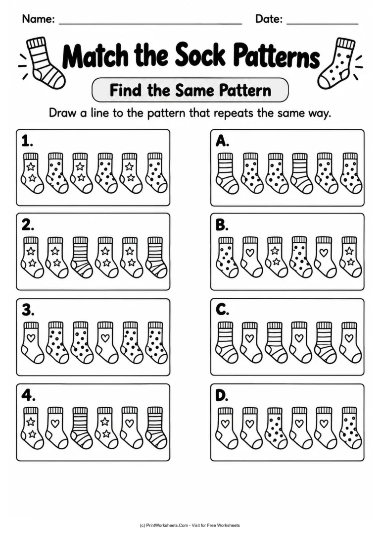 Match the Sock Patterns printable worksheet