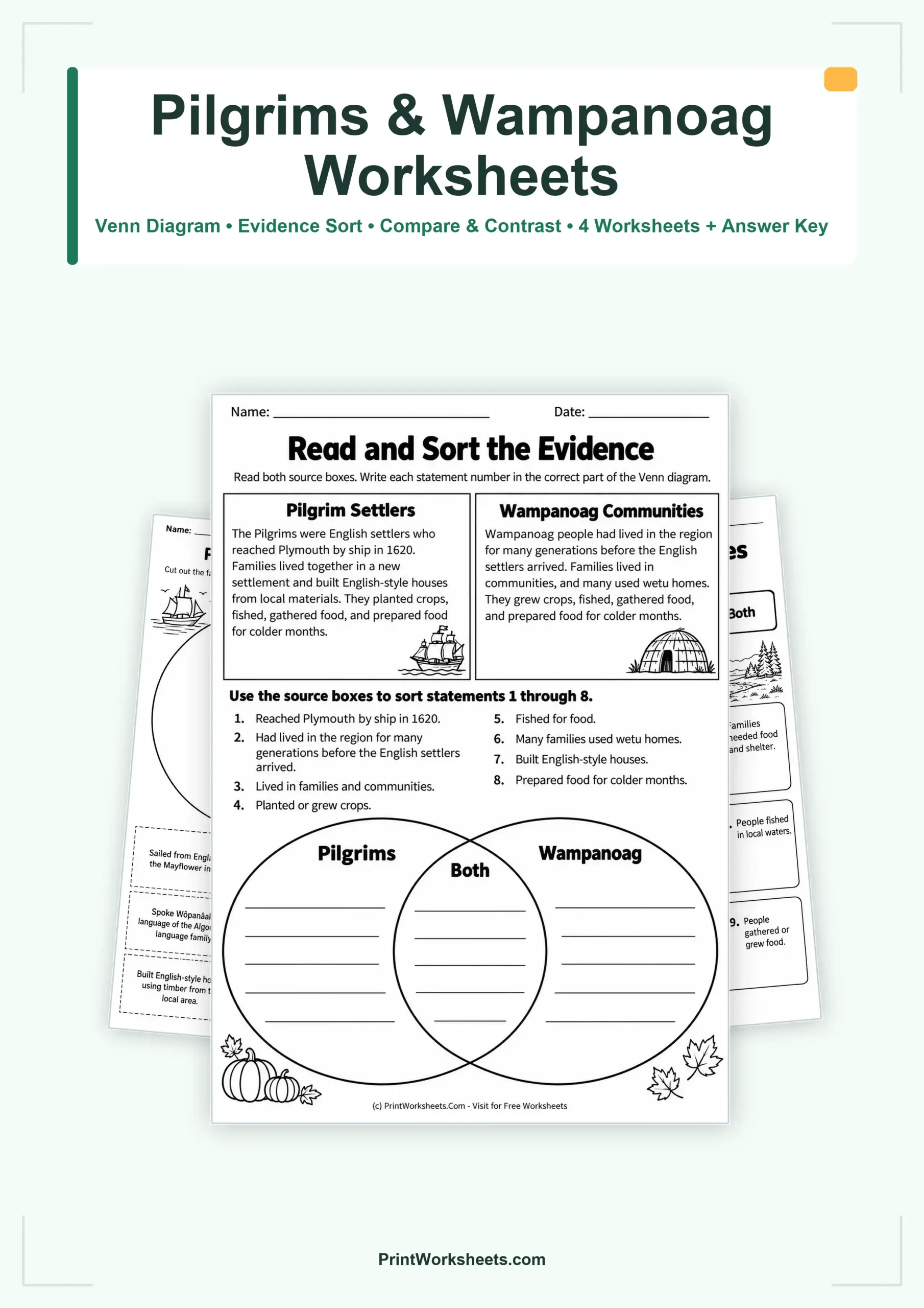 Pilgrims and Wampanoag Venn Diagram Worksheets – Free PDF - Free Printable Worksheet
