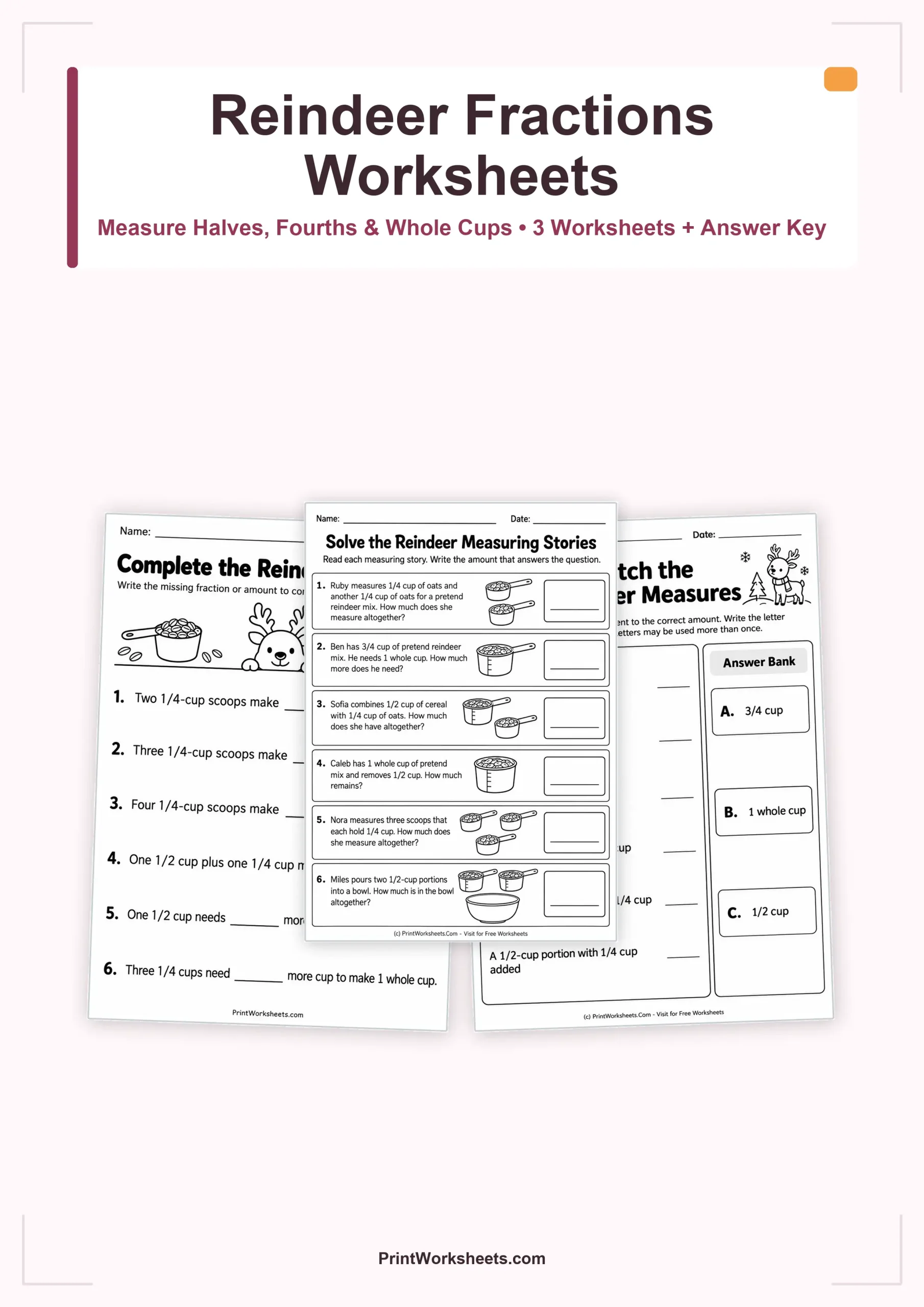 Reindeer Food Measuring Fractions Worksheets for Grades 2-3 – Free Printable PDF - Free Printable Worksheet