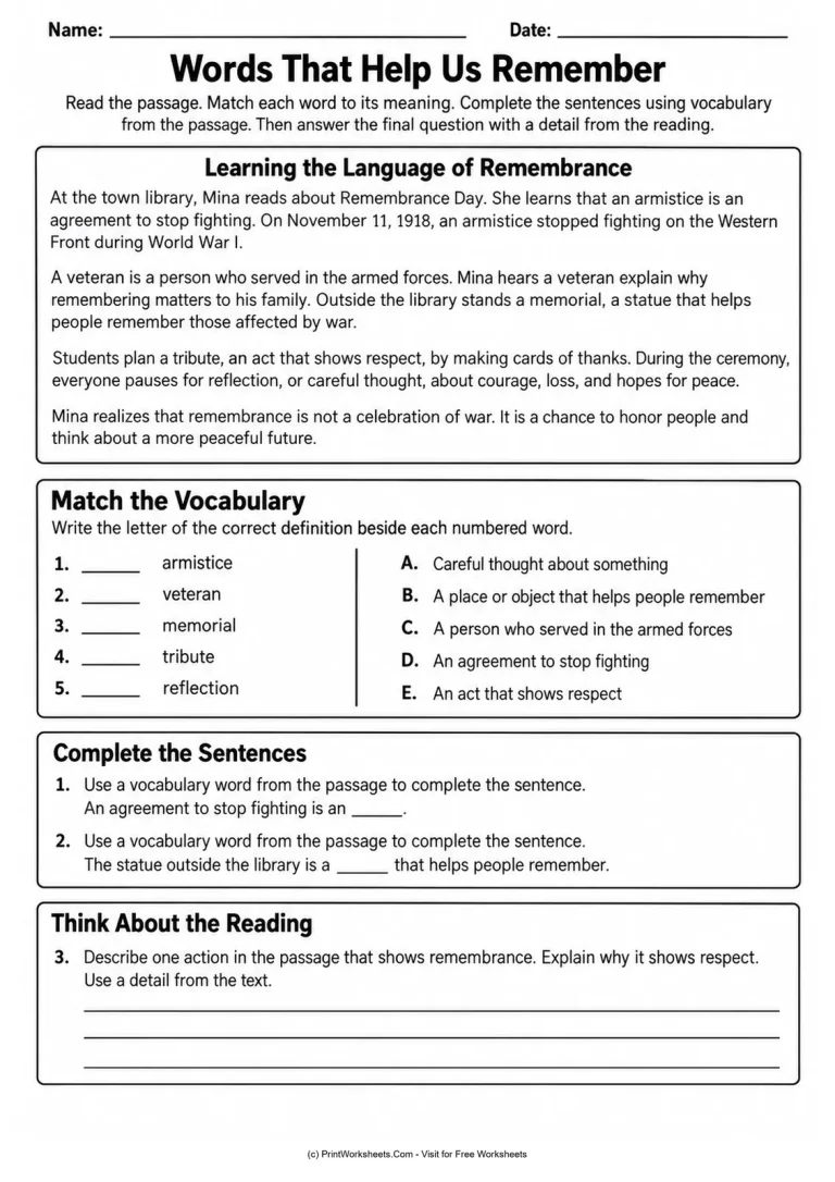 Words That Help Us Remember printable worksheet