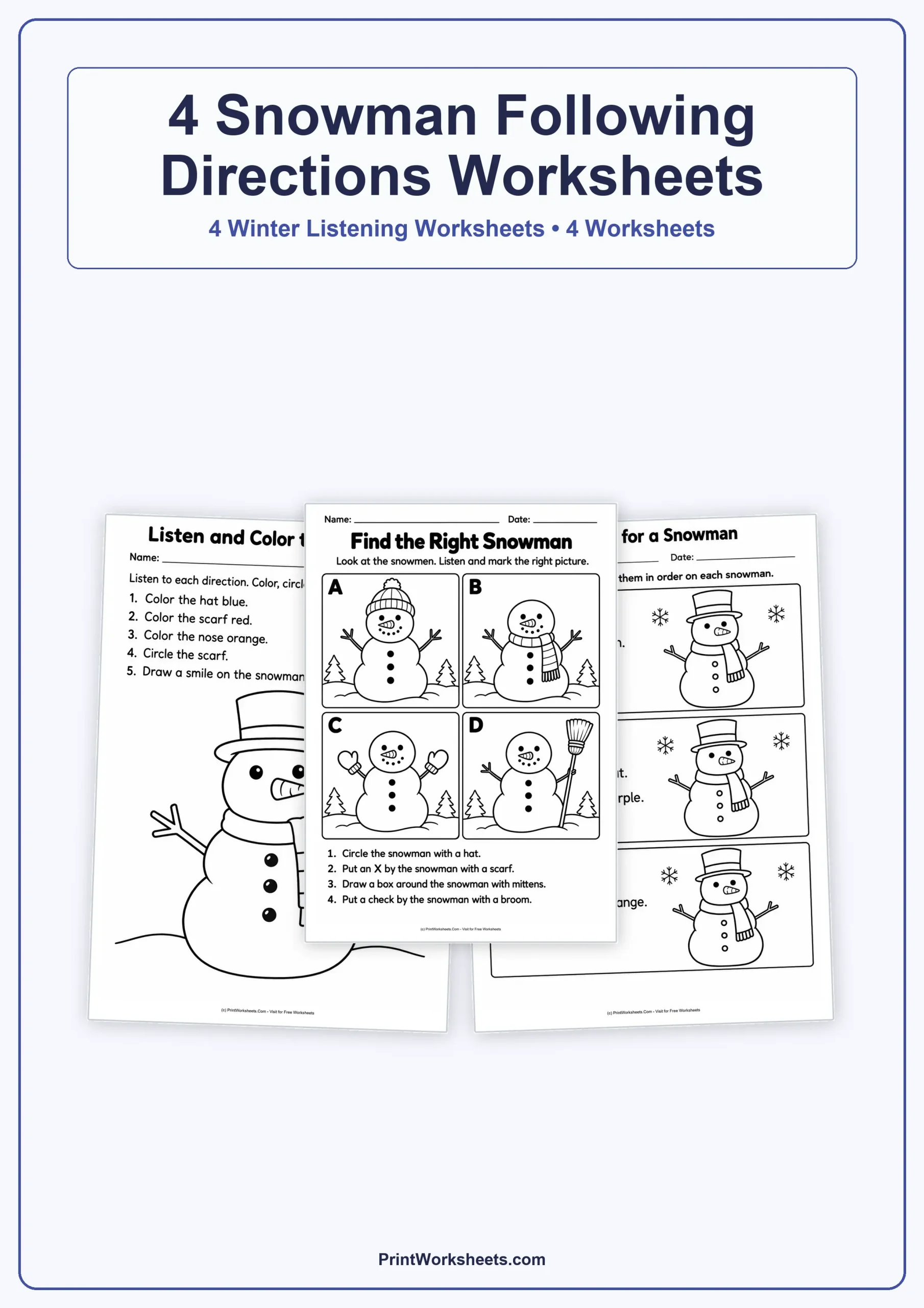 Winter Worksheets Worksheet - Snowman Following Directions Worksheets – Free Printable PDF | Free Printable