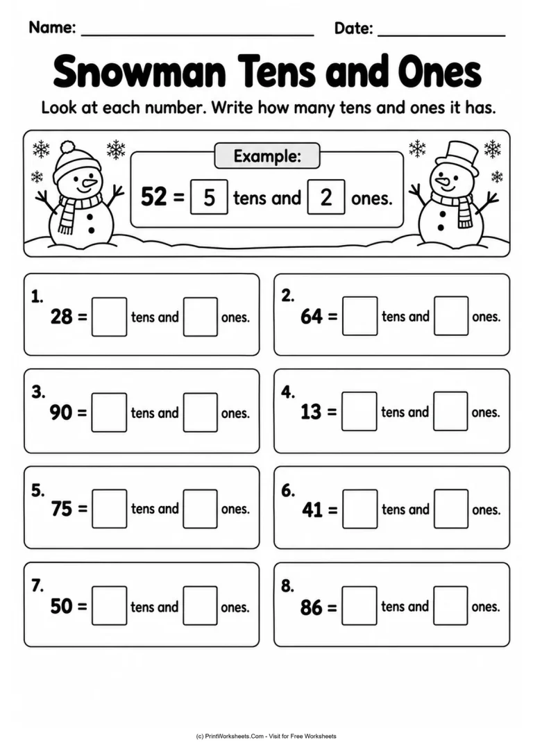 Snowman Tens and Ones Snowman Tens and Ones printable worksheet