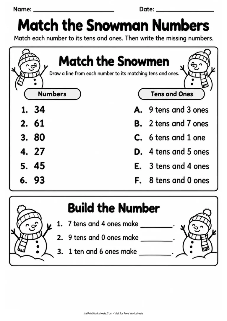 Match the Snowman Numbers Match the Snowman Numbers printable worksheet