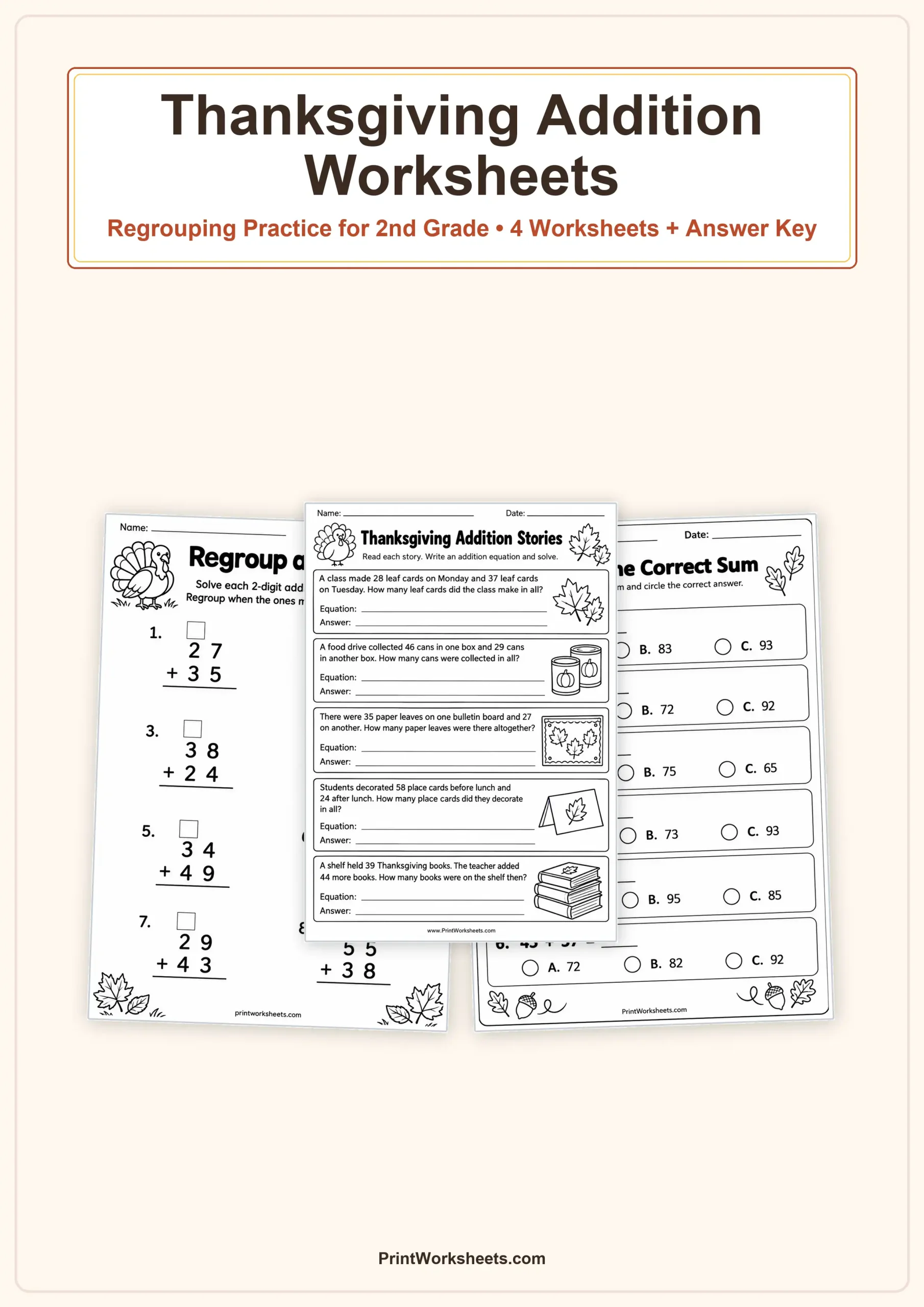 Double Digit Addition Worksheet - Thanksgiving 2-Digit Addition with Regrouping Worksheets for 2nd Grade – Free PDF | Free Printable