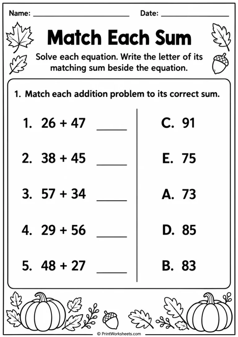 Match Each Sum Match Each Sum printable worksheet