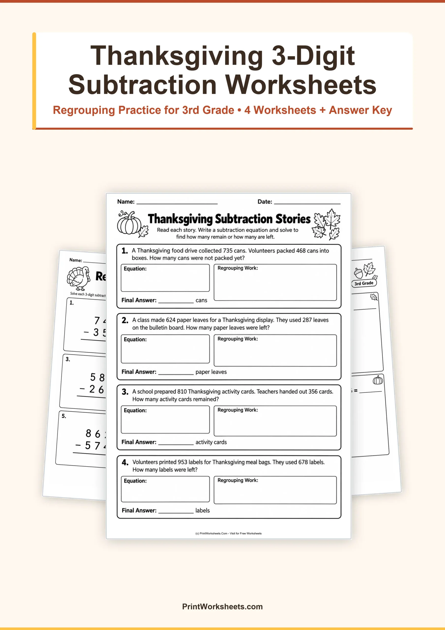 Thanksgiving 3-Digit Subtraction with Regrouping Worksheets – Free PDF - Free Printable Worksheet