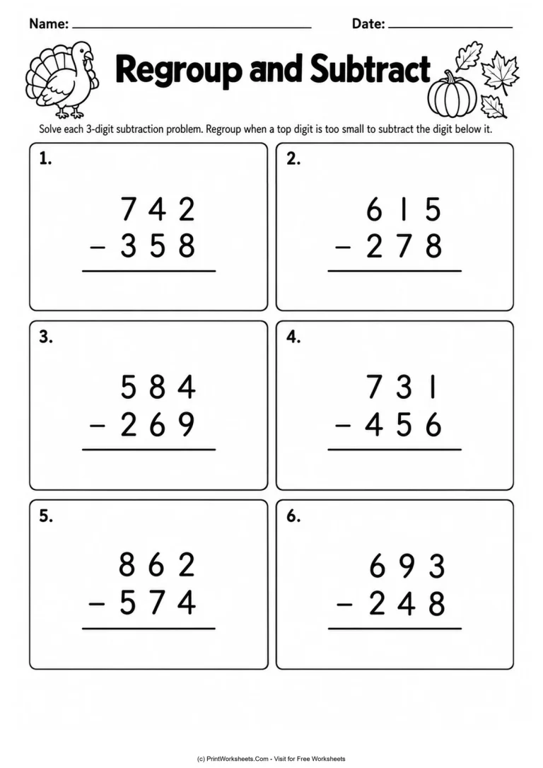 Regroup and Subtract Regroup and Subtract printable worksheet