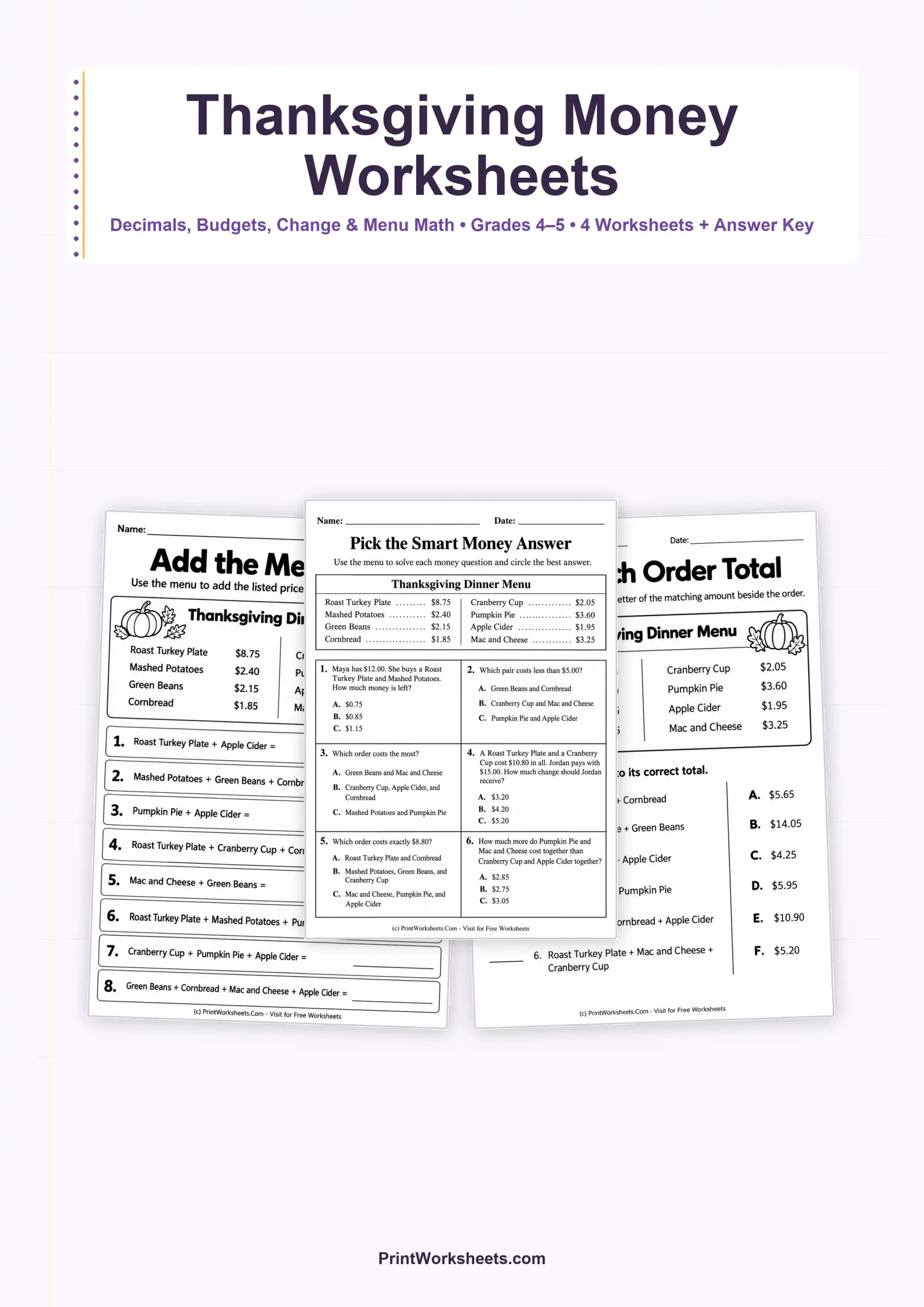 Thanksgiving Money Worksheets for 4th and 5th Grade – Free PDF - Free Printable Worksheet