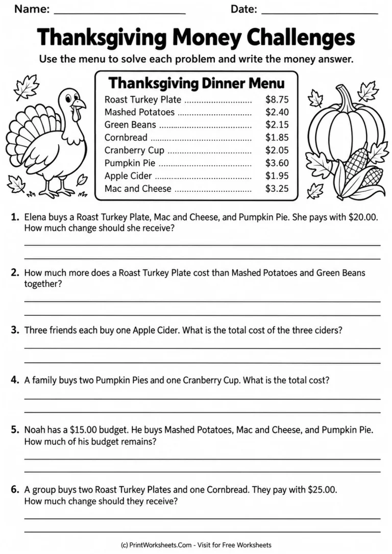 Thanksgiving Money Challenges Thanksgiving Money Challenges printable worksheet