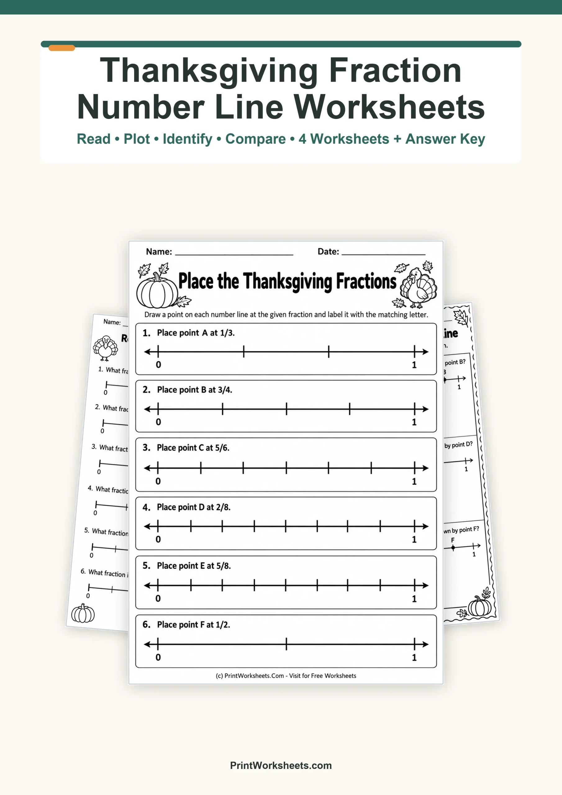Fractions Worksheet - Thanksgiving Fraction Number Line Worksheets for 3rd Grade – Free PDF | Free Printable