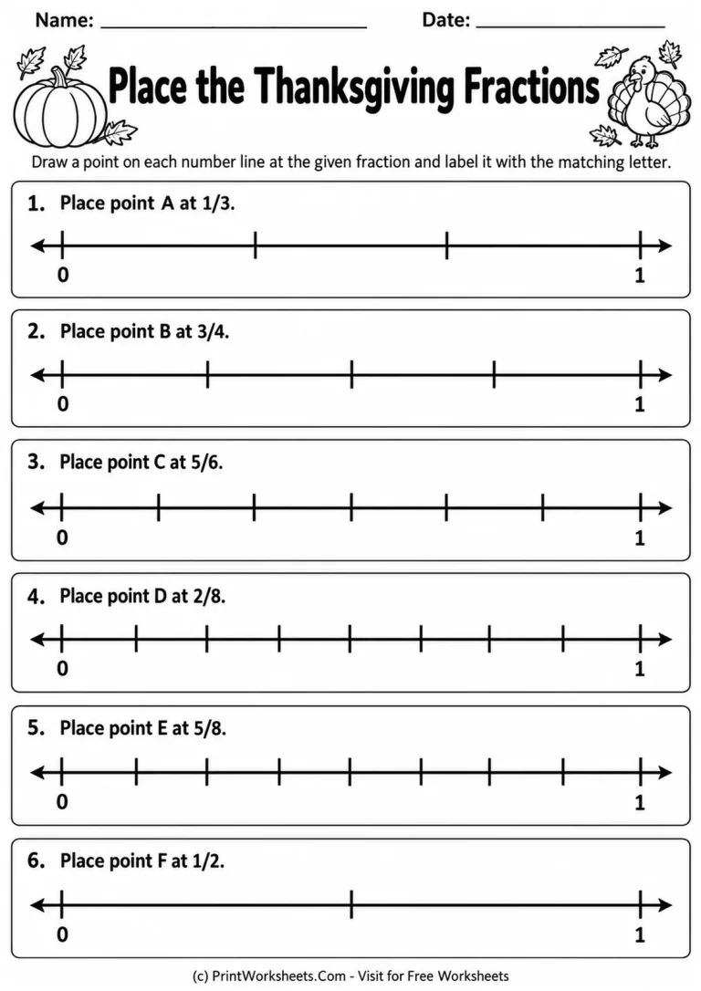 Place the Thanksgiving Fractions printable worksheet