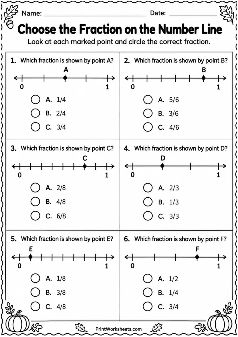 Choose the Fraction on the Number Line printable worksheet