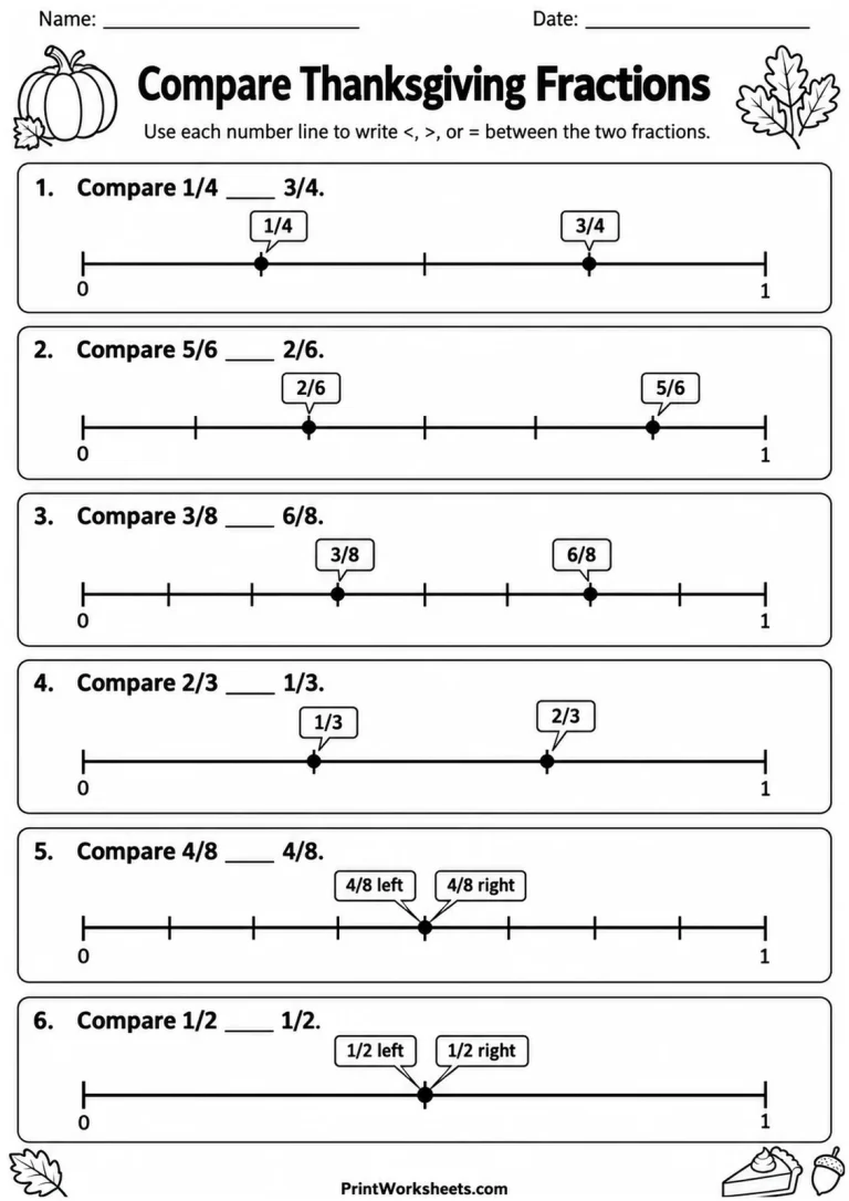 Compare Thanksgiving Fractions printable worksheet