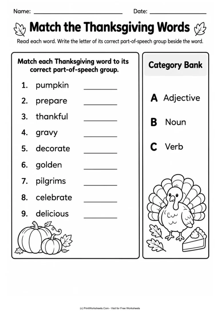 Match the Thanksgiving Words Match the Thanksgiving Words printable worksheet