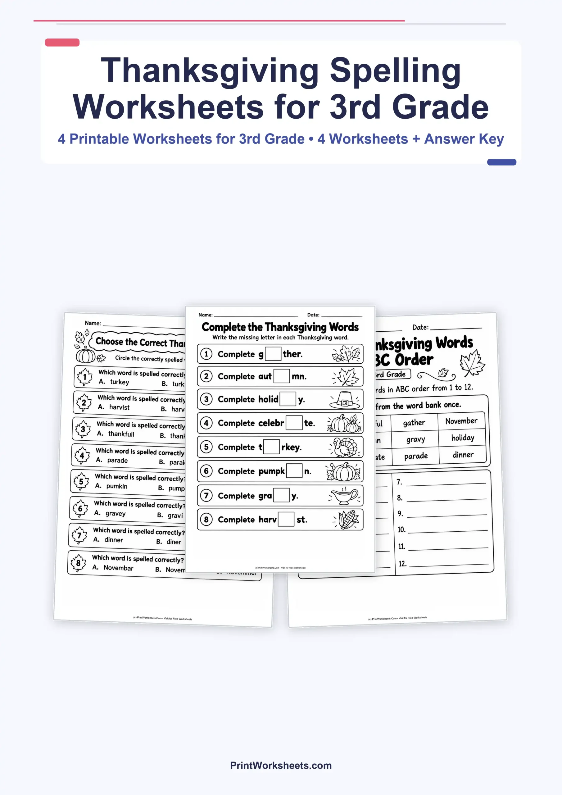 Thanksgiving Worksheets Worksheet - Thanksgiving Spelling Words for 3rd Grade – Free Worksheets | Free Printable