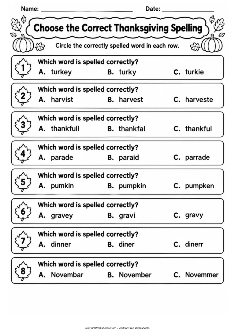 Choose the Correct Thanksgiving Spelling Choose the Correct Thanksgiving Spelling printable worksheet