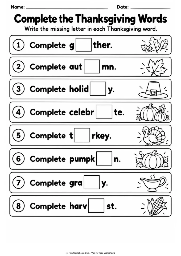 Complete the Thanksgiving Words Complete the Thanksgiving Words printable worksheet